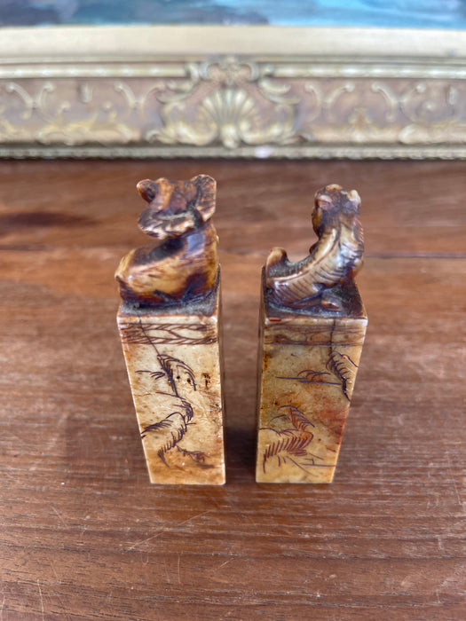 Pair of Hand-Carved Chinese Soapstone Zodiac Seals - Monkey and Ox with Landscape Engravings