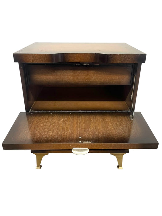 Vintage Mid-Century Modern Drop-Front Nightstand / Bedside Cabinet with Interior Drawer and Brass-Toned Legs