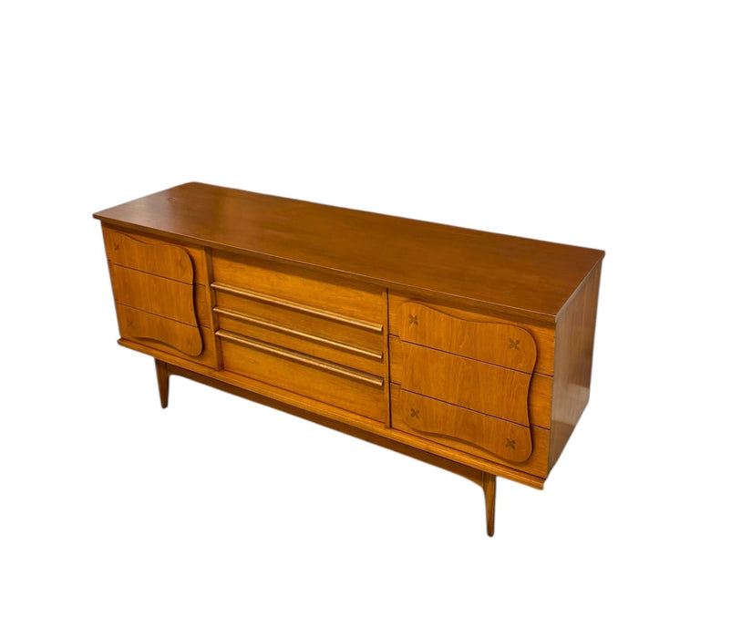 Vintage Bassett Monterey Mid-Century Modern Walnut 5-Drawer and 9-Drawer Dresser Set with Rosewood ‘X’ Inlays by Leo Jiranek Circa 1963