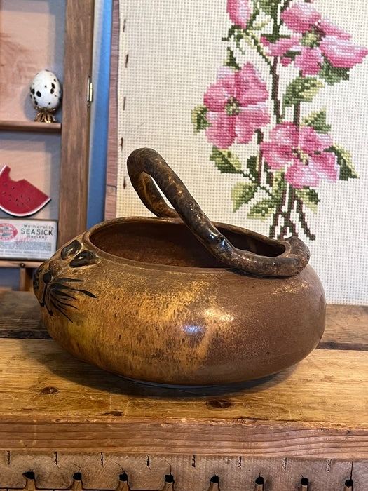 Vintage Handmade and signed Cat Bowl with handle.