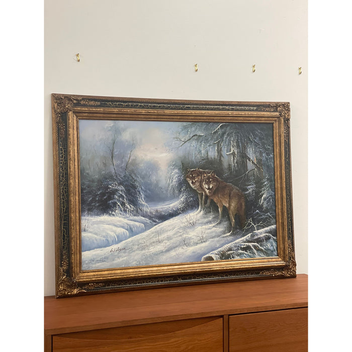 Vintage Framed and Signed Painting of Wolves in the Woods