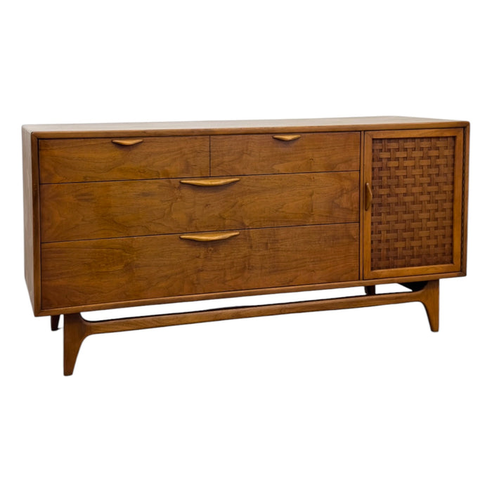 Vintage Mid Century Modern Lane Perception Walnut Lowboy Dresser Credenza with Basketweave Door.