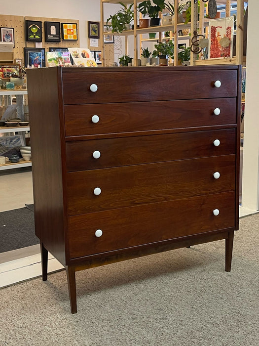 Vintage Mid Century Modern Drexel Style Tall Walnut Toned Five Drawer Dresser.