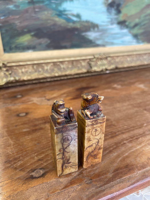Pair of Hand-Carved Chinese Soapstone Zodiac Seals - Monkey and Ox with Landscape Engravings
