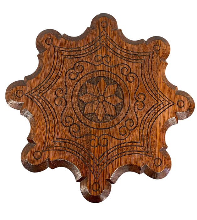 Vintage Carved Occasional Table with Barley Twist Legs and Inlaid Geometric Top & Shelf