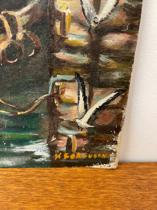 Vintage Impressionist Harbor Scene Painting on Canvas Board, Signed Ferguson, Coastal Sailboat Seascape