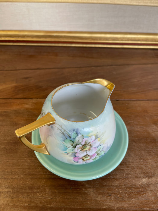 Vintage Hand-Painted Floral Creamer and Saucer Set with Gold Trim