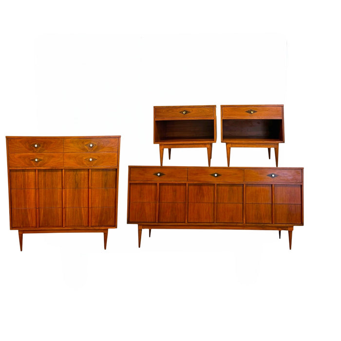 Vintage Mid-Century Modern Walnut 4-Piece Bedroom Set With Diamond Parquet Accent Inlay– Highboy, Long Dresser, & End Table Set