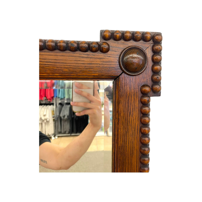 Antique Bobbin Turned Oak Wall Mirror – Arts and Crafts Style Spool Beaded Wood Frame with Beveled Glass