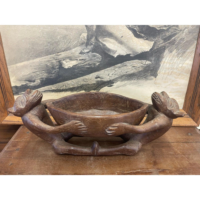 Vintage Hand Carved Wooden Bowl With Figurines.