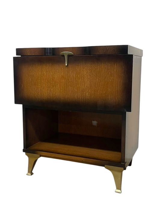 Vintage Mid-Century Modern Drop-Front Nightstand / Bedside Cabinet with Interior Drawer and Brass-Toned Legs
