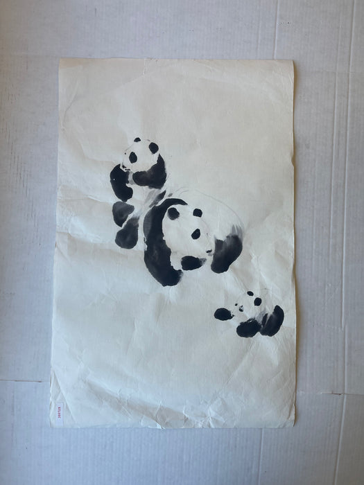 Vintage Chinese Brush Painting of Panda Family by J.P. Gaston - Sumi-e Style Wildlife Ink Art on Rice Paper.