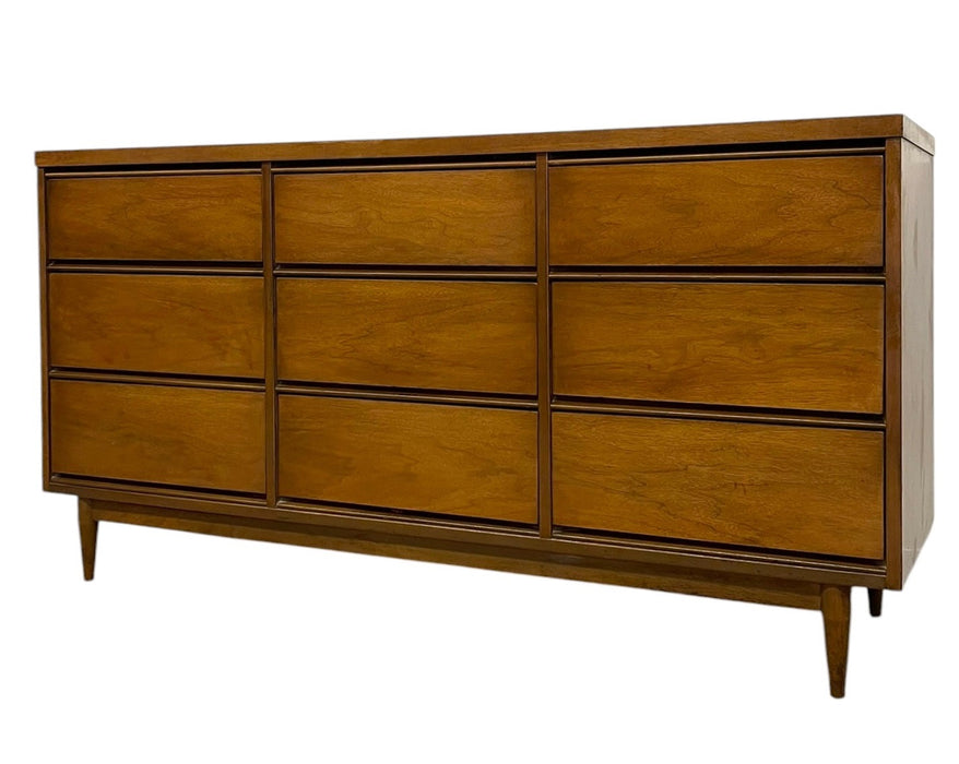 Mid Century Modern 9 Drawer Lowboy Dresser with Dovetail Drawers and Tapered Legs