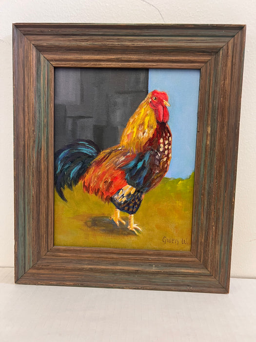 Vintage Folk Art Impressionist Style Painting of a Rooster in a Rustic Wooden Frame