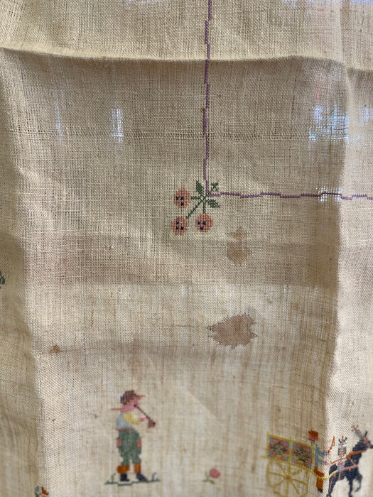 Vintage Hand-Embroidered Linen Tablecloth with Figural Motif and Fringe Border