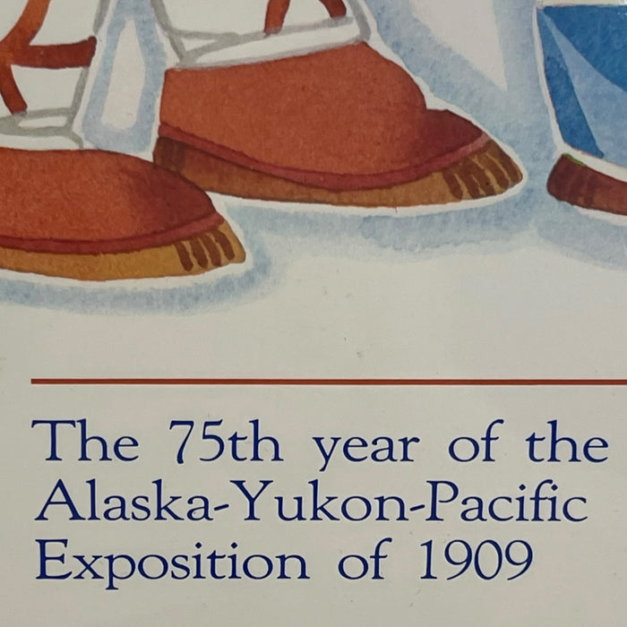 1984 Alaska Northwest Trade and Travel Fair Poster by Rie Munoz, Dancers in Sealgut Parkas, Seattle Center