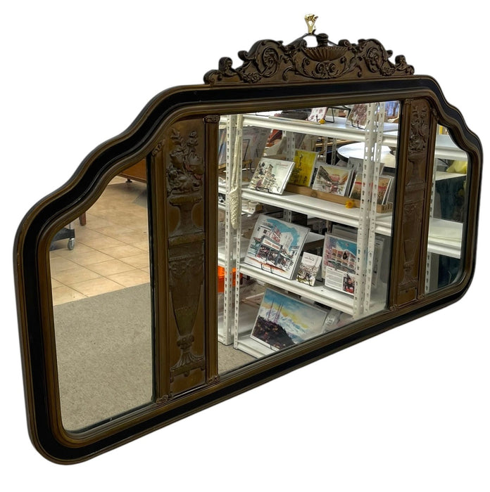 Antique Carved Wood Overmantel Mirror with Floral Urn Motifs and Scrolled Crest.