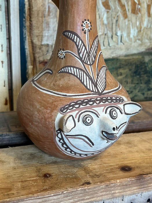 Primitive Animal Face Jug Clay pottery Folk art Head pitcher Sculpture.