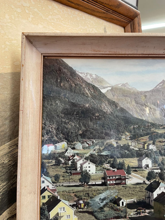 Vintage Framed Original Tinted Photograph of Mountain Side Cityscape