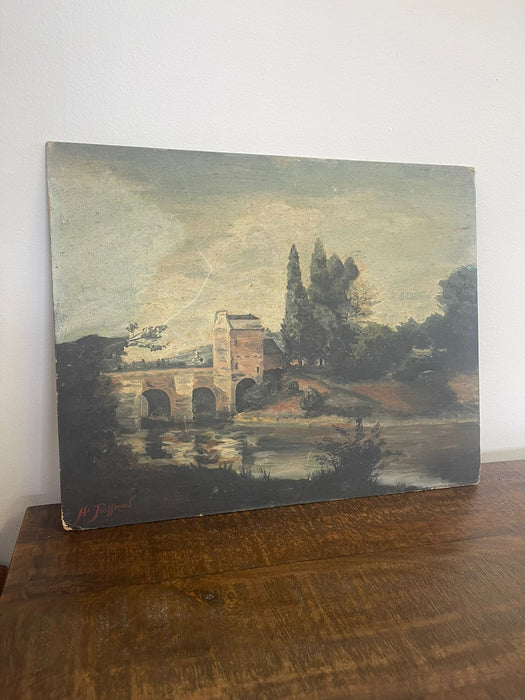 Vintage Oil on Canvas signed painting of a Moody Bridge and Landscape Scene.