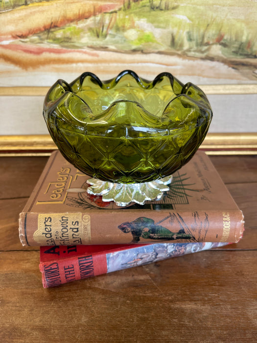 Vintage Green Pressed Glass Bowl with Scalloped Rim and Silver-Toned Floral base.