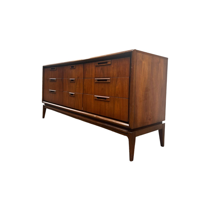 Vintage Mid Century Modern Solid Walnut 9 Drawer Dresser Recessed Pulls by Stanley (Available by Online Purchase Only)