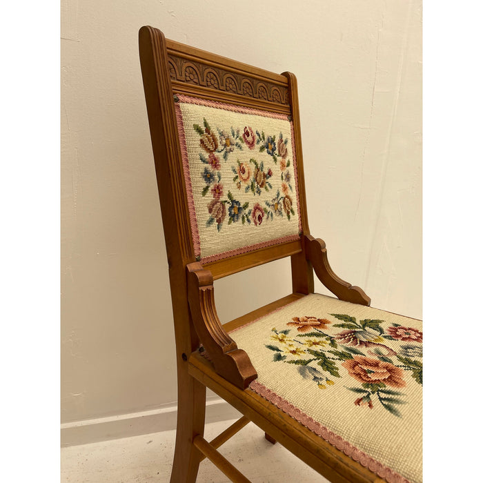 Victorian Style Vintage Floral Needlepoint Side Wood Chair with Turned Spindle Legs