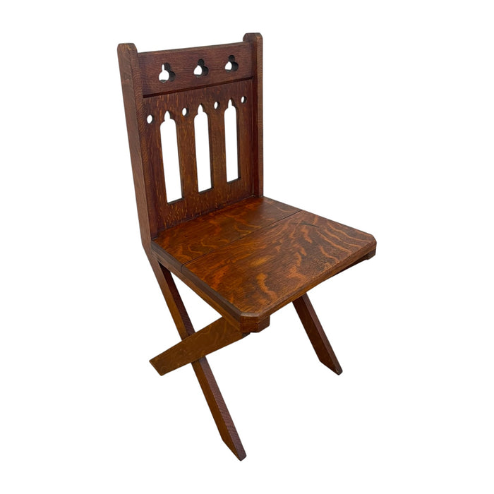 Antique Gothic Revival Oak X-Frame Accent Chair
