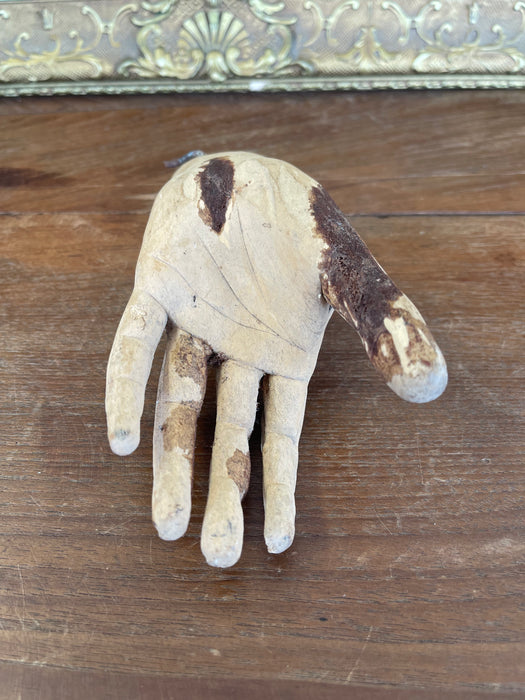 Antique Carved Wooden Articulated Hand Fragment with Original Hook, Likely Religious or Folk Art, 19th Century