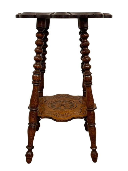 Vintage Carved Occasional Table with Barley Twist Legs and Inlaid Geometric Top & Shelf
