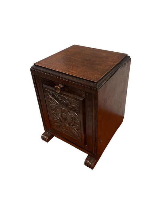 Petite Early 20th Century English Coal Bin Accent Table or Magazine Storage Rack with Floral Carvings