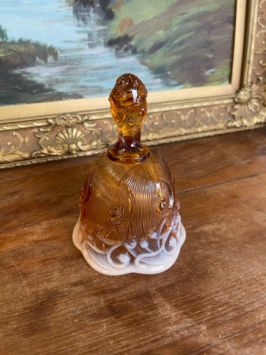 Vintage Amber and White Cased Art Glass Bell with Figural Handle