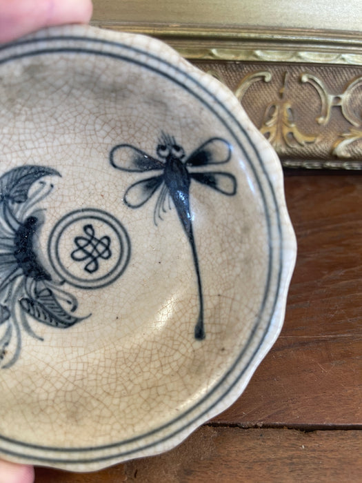 Vintage Vietnamese Ceramic Tea Bowl with Hand-Painted Dragonfly and Botanical Motif
