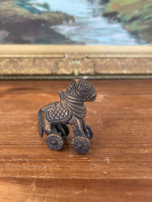 Likely Antique Bronze Toned Toy Horse on Wheels, Tribal Folk Art Figurine from India