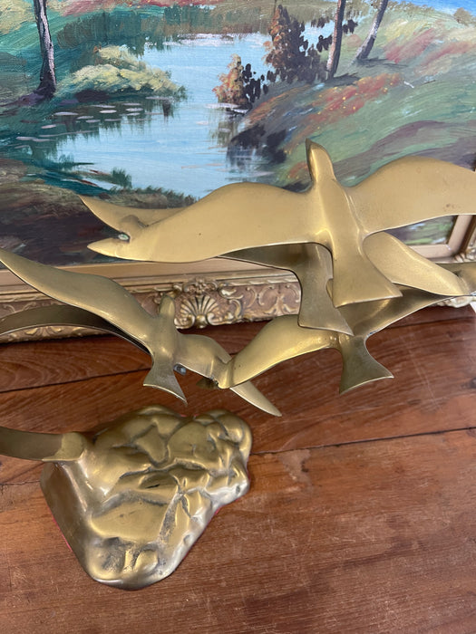 Vintage Mid-Century Modern Brass Toned Seagull Sculpture on Rocky Base