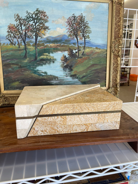 Vintage Possibly Tessellated Stone and Brass Toned Inlay Jewelry or Keepsake Box with Velvet-like Interior.