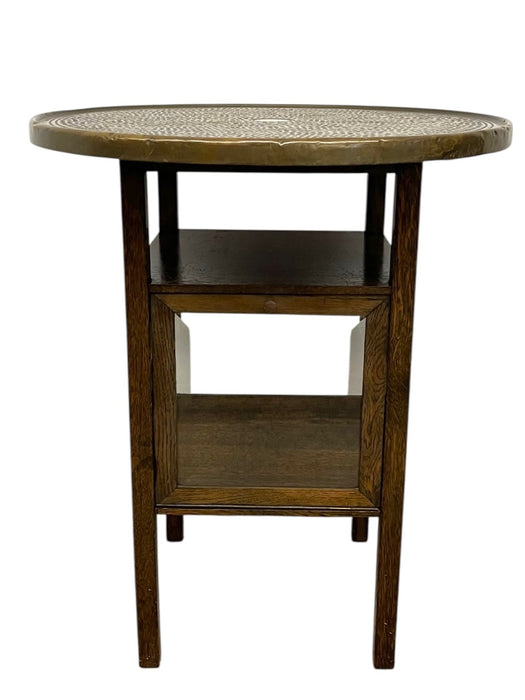 Vintage Arts & Crafts Side Table with Hammered Brass Tray Top and Glass Display Cabinet