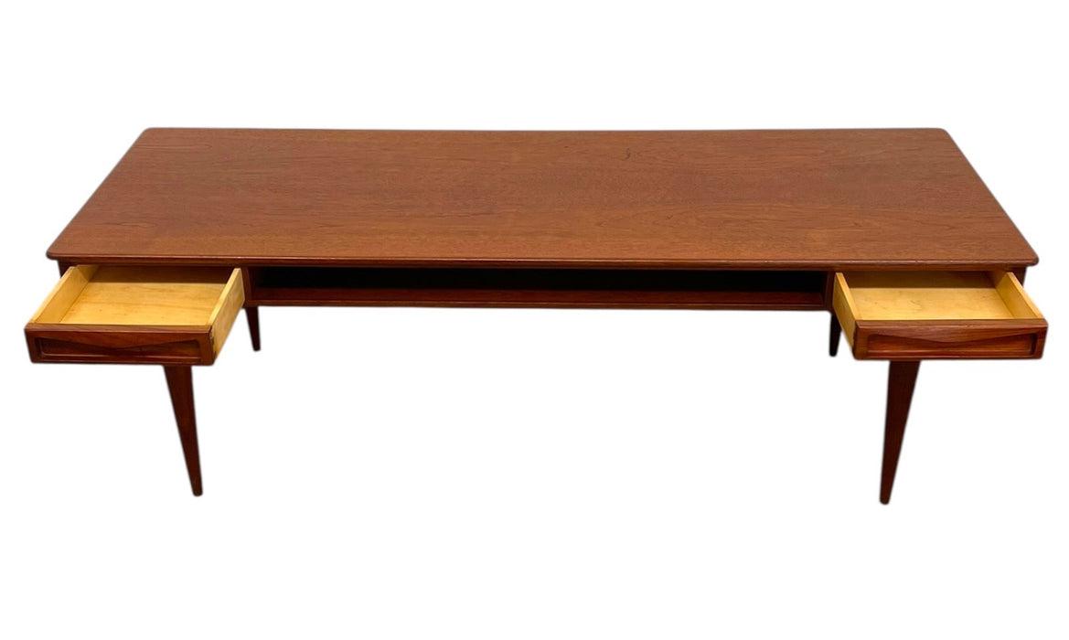 Vintage Mid Century Modern Danish Style Coffee Table with Sculpted Drawer Pulls and Open Shelf Storage