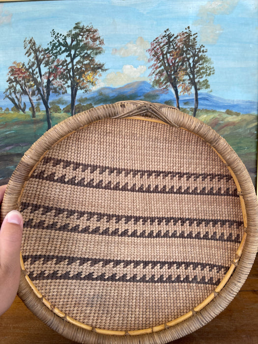Vintage Likely Early 20th Century Native American Mission Basketry Bowl with Stepped Geometric Pattern.