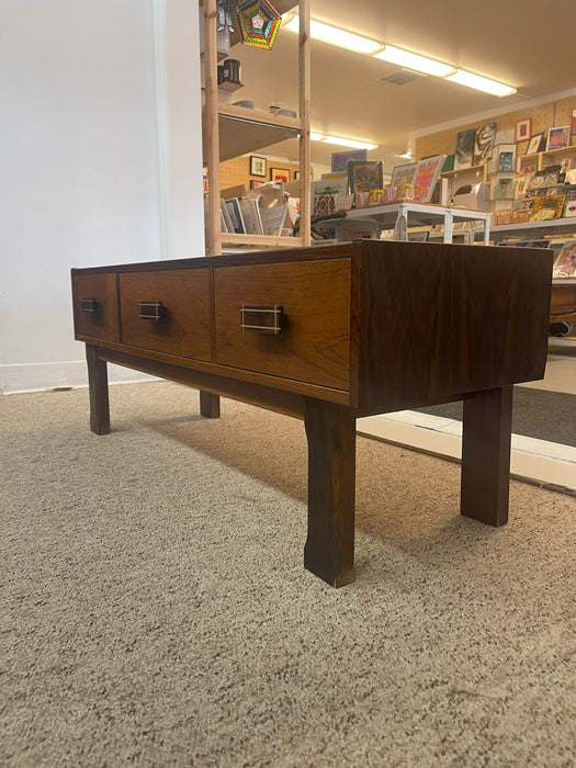 Imported Vintage Danish Modern Walnut Toned Low Console Coffee Table With Wood Inlay.