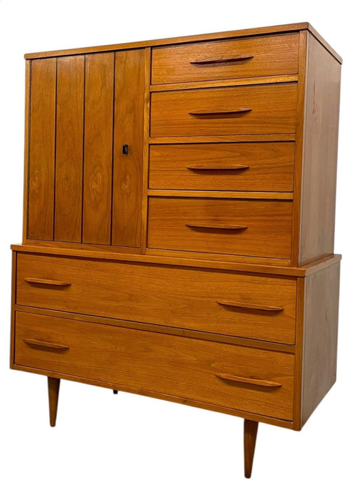 Vintage Mid Century Modern Gentleman's Chest Highboy Dresser with Cabinet and Sculpted Pulls
