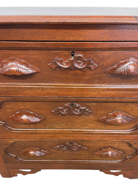 French Provincial Style Three-Drawer Chest with Carved Leaf Motifs and Dovetail Joinery