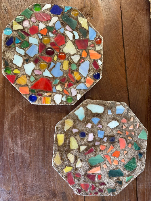 Pair of Vintage Mosaic Glass and Concrete Octagonal Stepping Stones