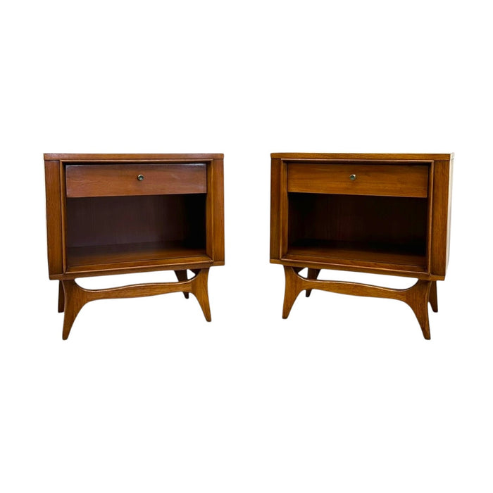 Vintage Mid Century Modern Walnut Nightstands with Sculpted Stretcher Base and Faux Turquoise Handle Inlay- Pair