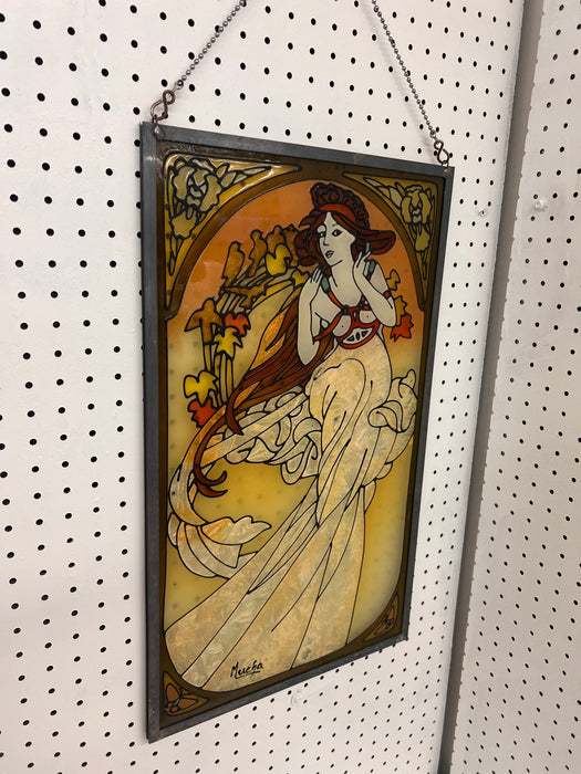 Early 20th Century Antique Art Nouveau Style Stained Glass Hanging Panel by Alfons Mucha Signed