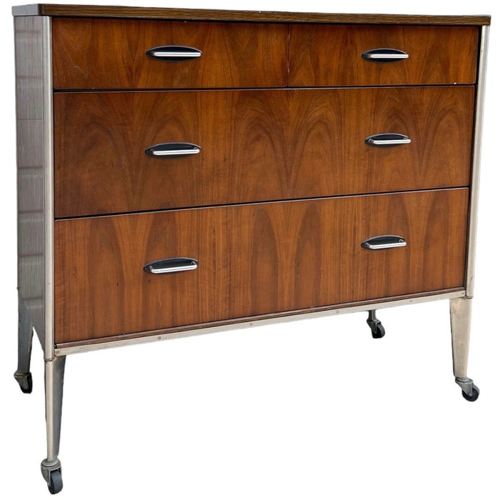 Vintage Mid Century Modern Dresser By Raymond Loewy For Hill Rom Walnut With Casters (Available for Online Purchase Only)