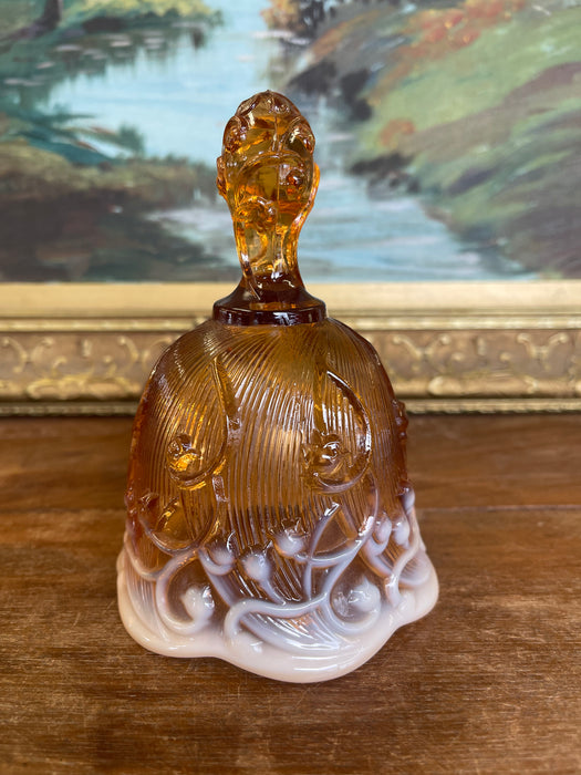 Vintage Amber and White Cased Art Glass Bell with Figural Handle
