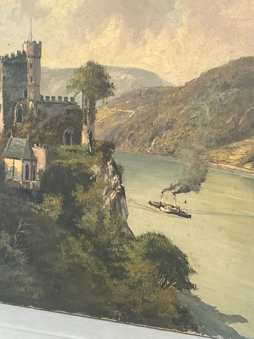 Vintage signed Scenic painting of a castle on the water.