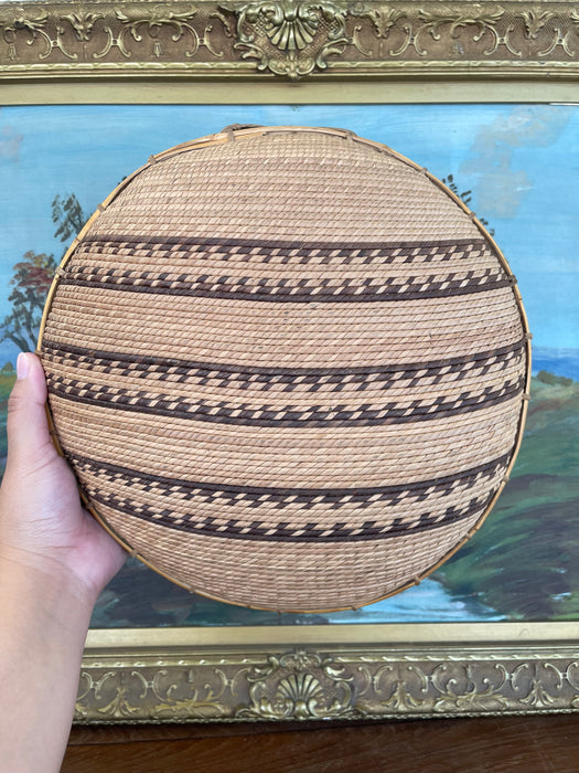 Vintage Likely Early 20th Century Native American Mission Basketry Bowl with Stepped Geometric Pattern.
