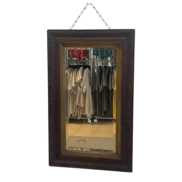 Victorian 1890s UK import Carved Oak Wall Mirror with Beveled Glass and Hanging Chain